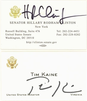 Lot of (2) Hillary Clinton and Tim Kaine Autographed Business Cards (JSA)